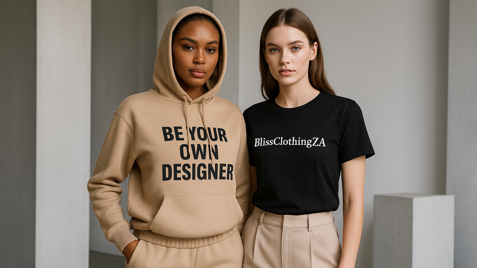 i want two models wearing a full hoodie outfit, the outfit must be written Be Your Own Designer and the other model must wear a t-shirt saying BlissClothingZA 
